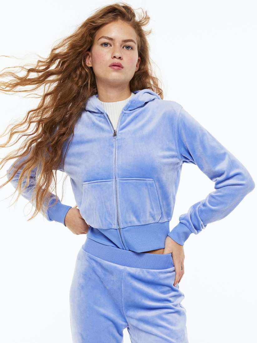 Buy H M Women Blue Velour Zip Through Hoodie Sweatshirts for Women 20750046 Myntra