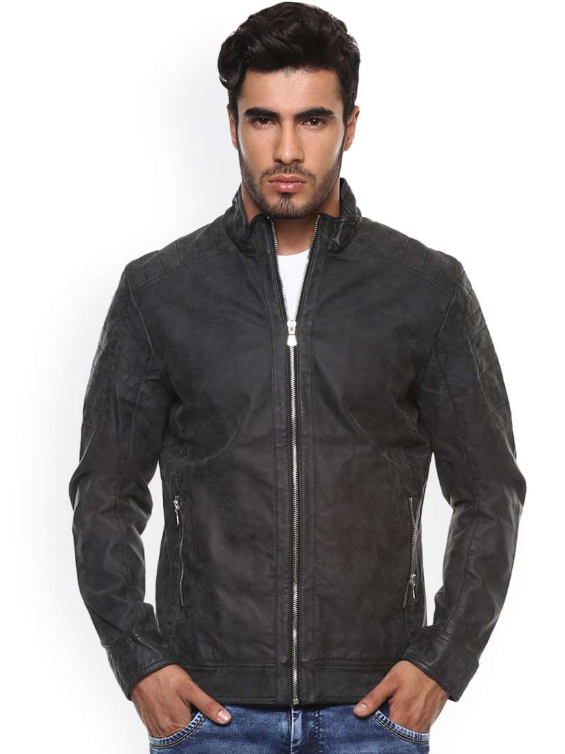 Buy Mufti Men Charcoal Solid Leather Jacket Jackets for Men 2075060 Myntra