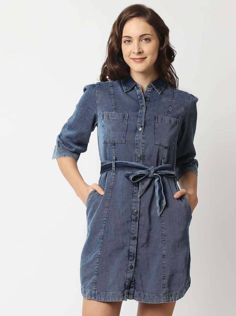Buy Pepe Jeans Women Blue Waist Tie Up Cotton Denim Shirt Dress Dresses for Women 20767046 Myntra