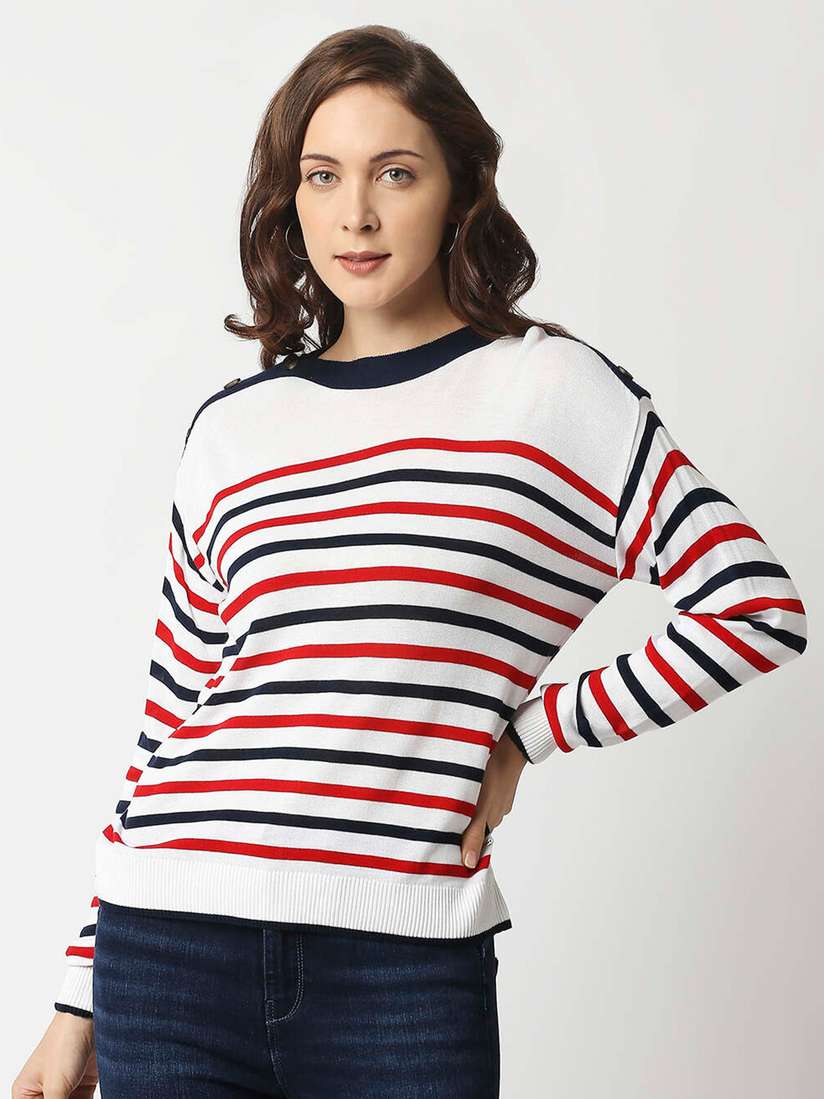 Buy Pepe Jeans Women White Red Striped Pullover Sweaters for