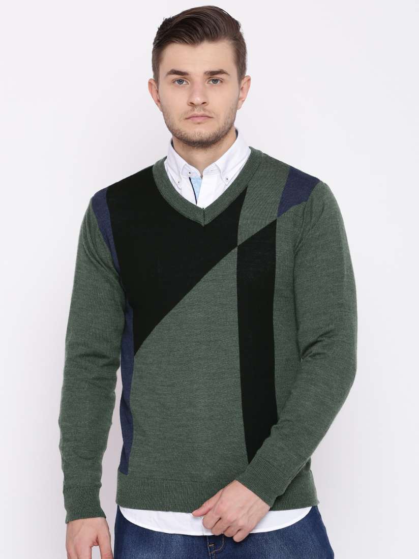 Buy Raymond Men Green Black Colourblocked Woollen Pullover Sweaters for Men 2077248 Myntra