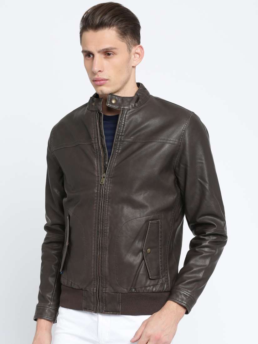 Buy Indian Terrain Men Brown Solid Biker Jacket Jackets for Men 2077669 Myntra