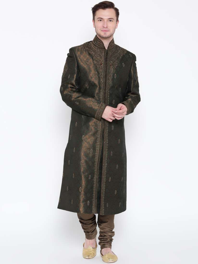 Buy Manu Green Brown Embellished Woven Design Sherwani Sherwani for Men 2078201 Myntra