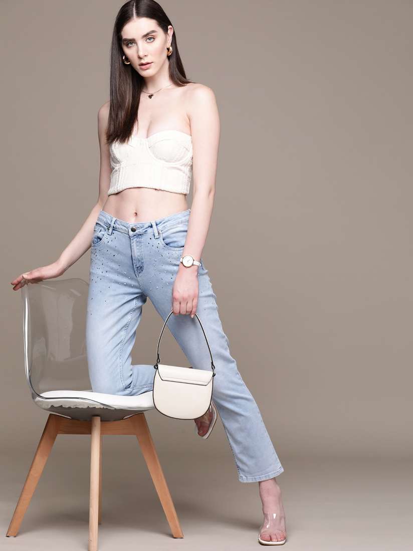 Buy bebe Women Denim Daze Straight Fit Mid Rise Embellished Light Fade Stretchable Jeans Jeans for Women 20788346 Myntra
