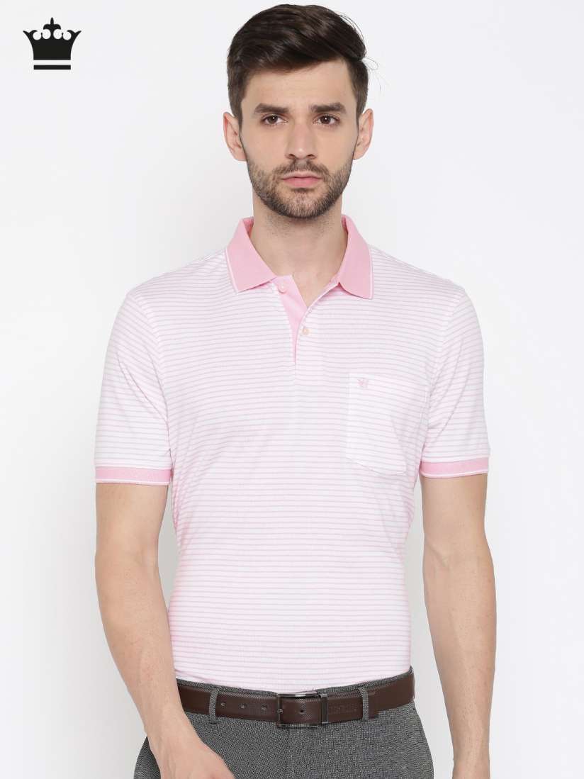 Men's pink and white striped polo shirt hotsell
