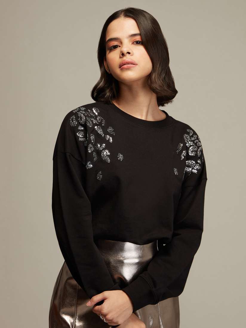 Black cotton sweatshirt womens top