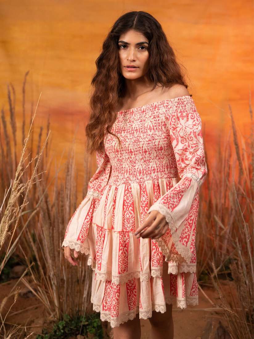 Buy Label Reyya Pink Off White Cotton Floral Dress Dresses for