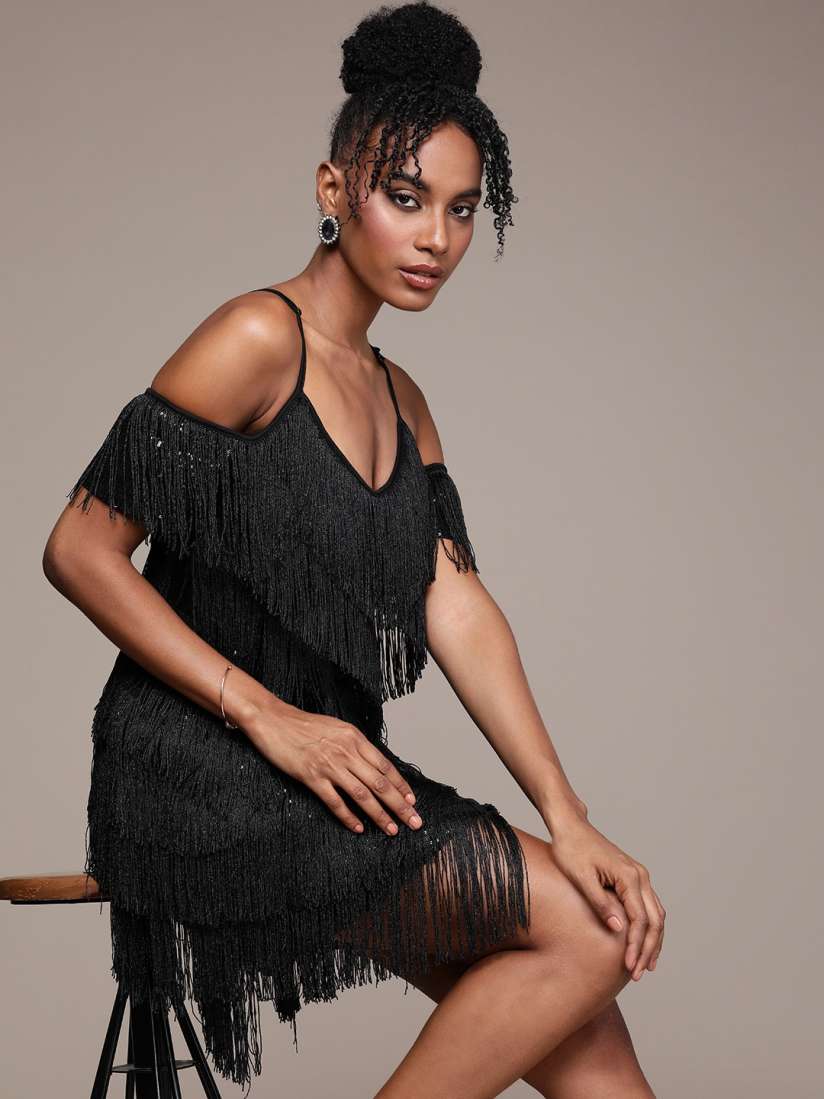 Buy bebe Sequined Cold Shoulder Fringed Sheath Winter Dress Dresses for Women 20814548 Myntra