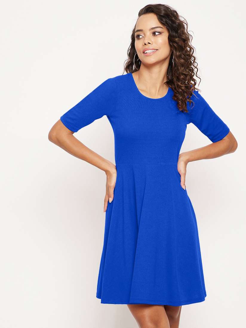 Buy Uptownie Lite Blue Solid Stretchable Half Sleeves Fit Flare Skater Dress Dresses for Women 20817258 Myntra