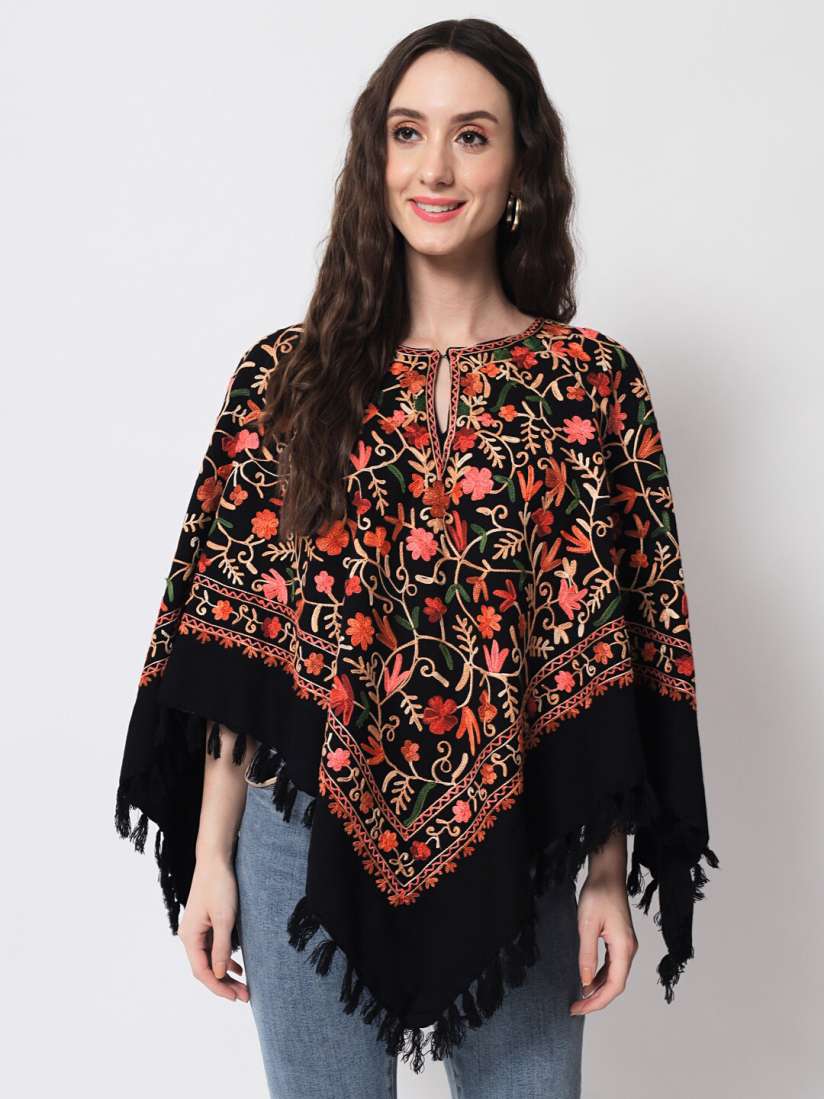 Buy Zamour Women Black Orange Floral Embroidered Kashmiri Poncho Sweaters for Women 20820002 Myntra