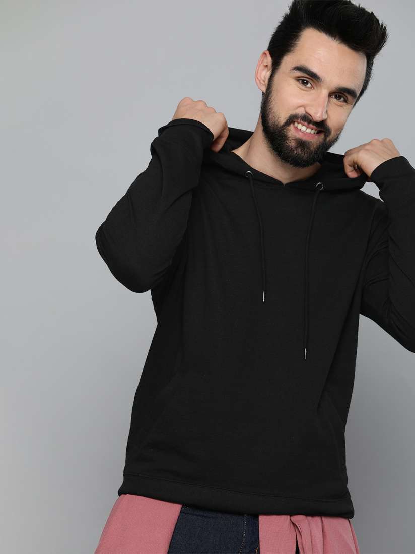 Buy HERE NOW Men Black Solid Knitted Hooded Sweatshirt Sweatshirts for Men 20823880 Myntra