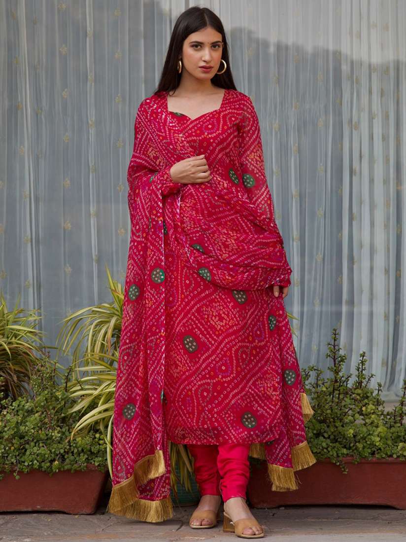 Buy OneWe Women Pink Bandhani Printed Kurta with Churidar With Dupatta Kurta Sets for Women 20827430 Myntra