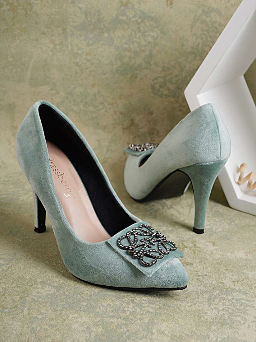 Buy DressBerry Sea Green Embellished Velvet Stiletto Pumps Heels for Women 20832676 Myntra