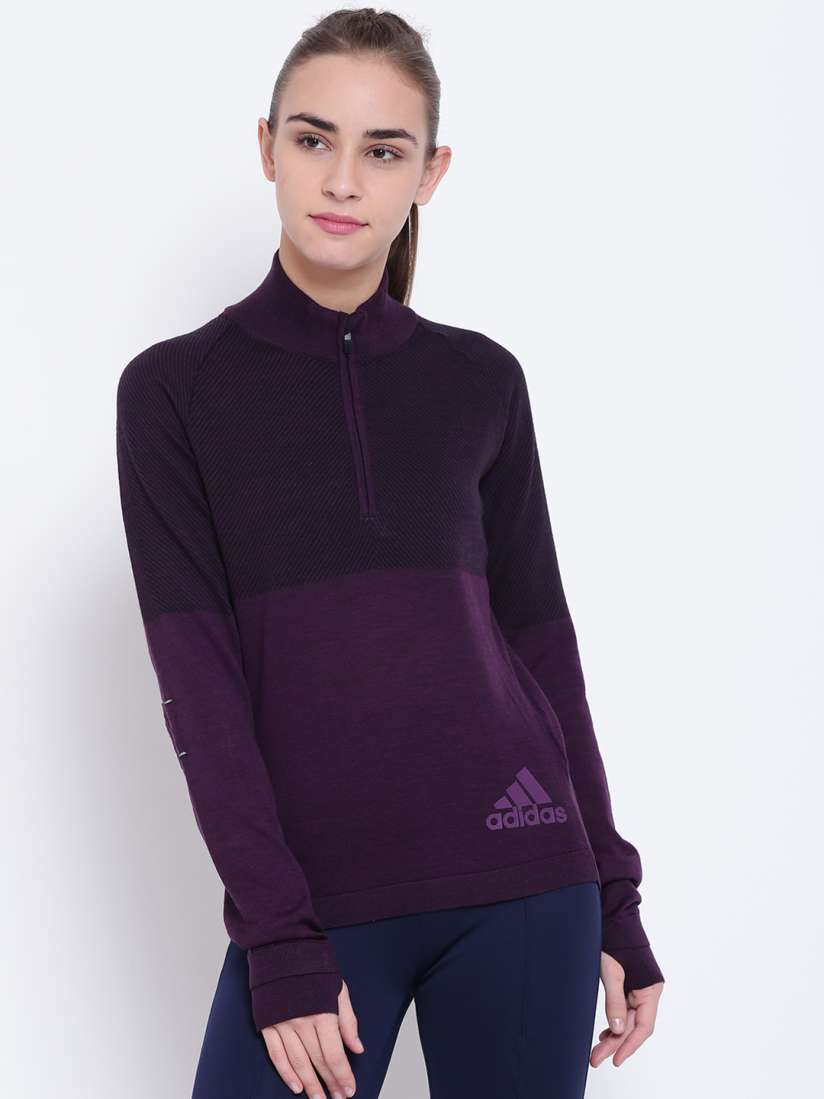 Buy Adidas Women Purple ClimaHeat PrimeKnit Zip Self Striped Sweatshirt Sweatshirts for Women 2083575 Myntra