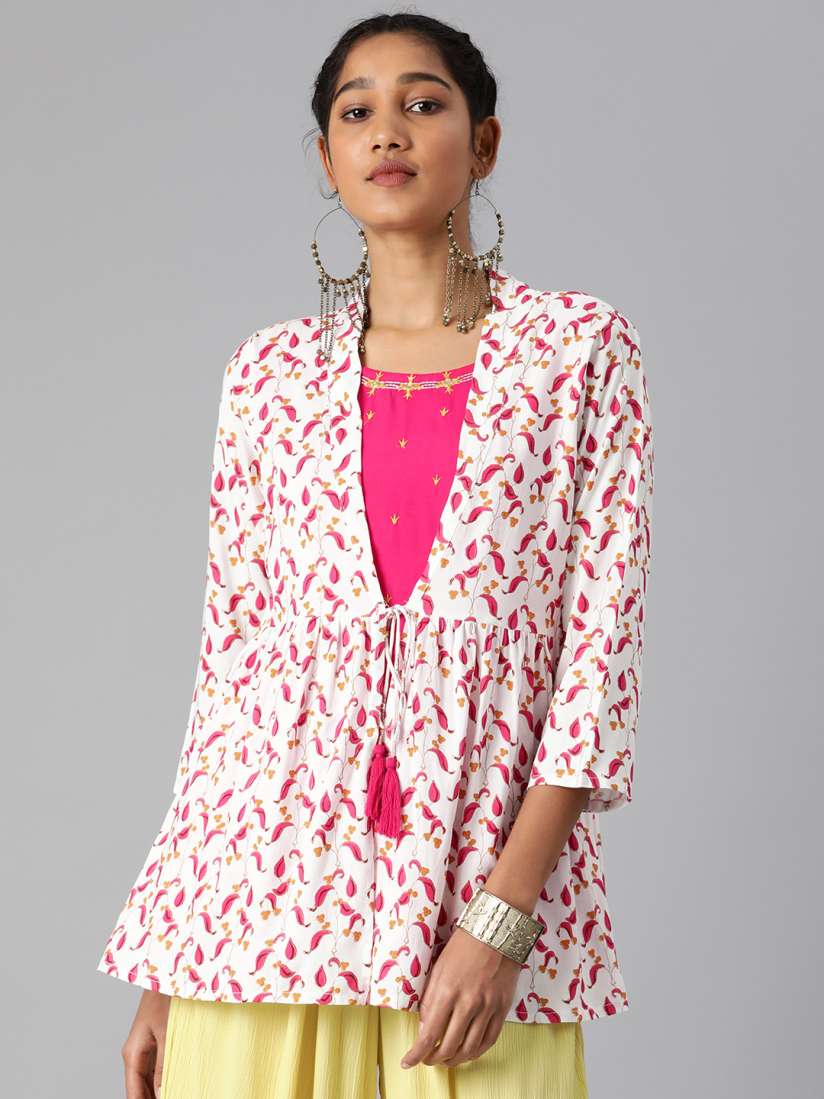 Buy MALHAAR White Pink Ethnic Motifs Print Kurti with Attached Jacket Kurtis for Women 20836292 Myntra