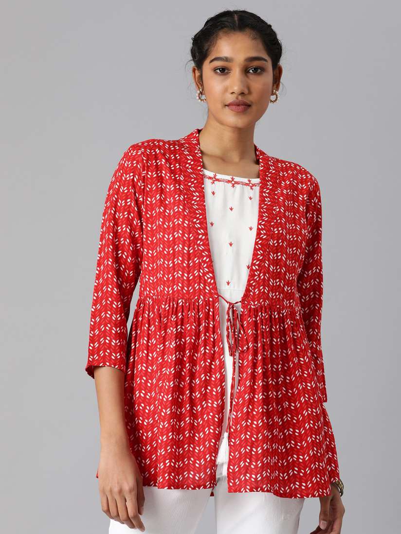 Buy MALHAAR Red White Geometric Print Kurti with Attached Jacket Kurtis for Women 20836294 Myntra
