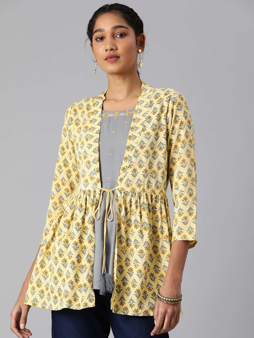 Buy MALHAAR Yellow Grey Ethnic Motifs Print Kurti with Attached Jacket Kurtis for Women 20836300 Myntra
