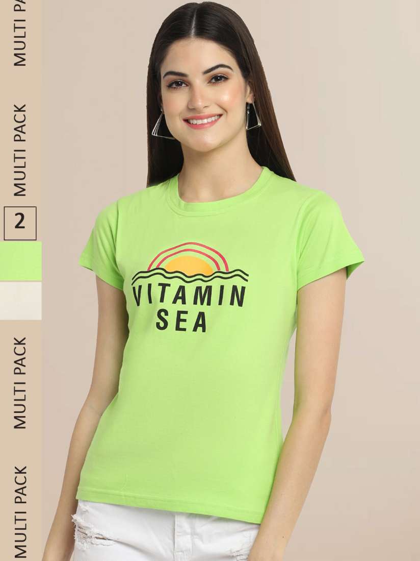 Buy Fabflee Women Lime Green Off White Typography Pack Of 2 Printed Cotton T shirt Tshirts for Women 20837116 Myntra