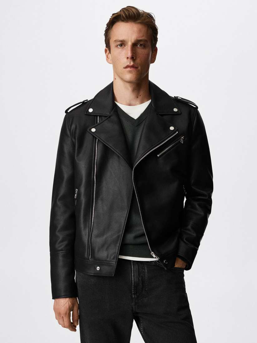 Mens black faux leather biker jacket online