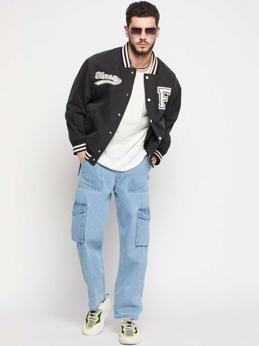 Buy FUGAZEE Men Grey Embroidered Pure Cotton Denim Varsity Jacket Jackets for Men 20852228 Myntra