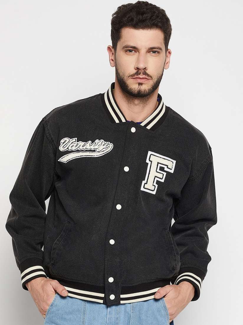 Buy FUGAZEE Men Grey Embroidered Pure Cotton Denim Varsity Jacket 