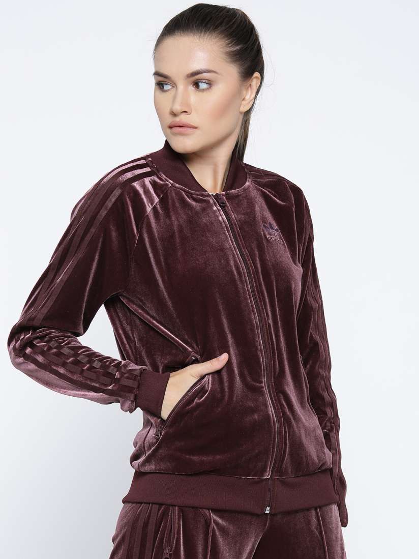 Buy ADIDAS Originals Women Burgundy Velvet Vibes Super Star Track VEL Solid Bomber Jacket Jackets for Women 2085829 Myntra