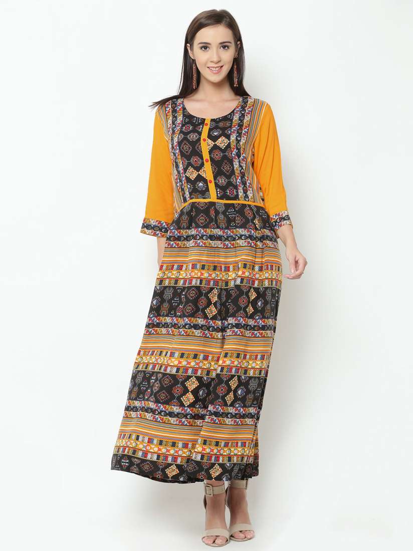 Buy Shree Women Yellow Black Printed Maxi Dress Dresses for Women 2086581 Myntra