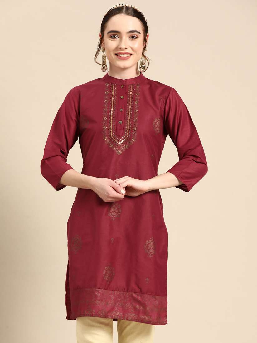 Buy Sangria Ethnic Motifs Printed Chanderi Silk Sequinned Kurti Kurtis for Women 20872902 Myntra