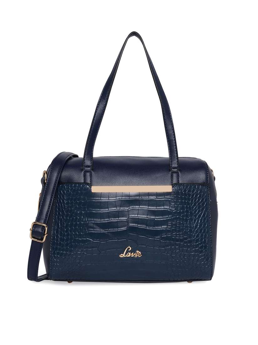 Buy Lavie Navy Blue Animal Textured Structured Satchel Handbags