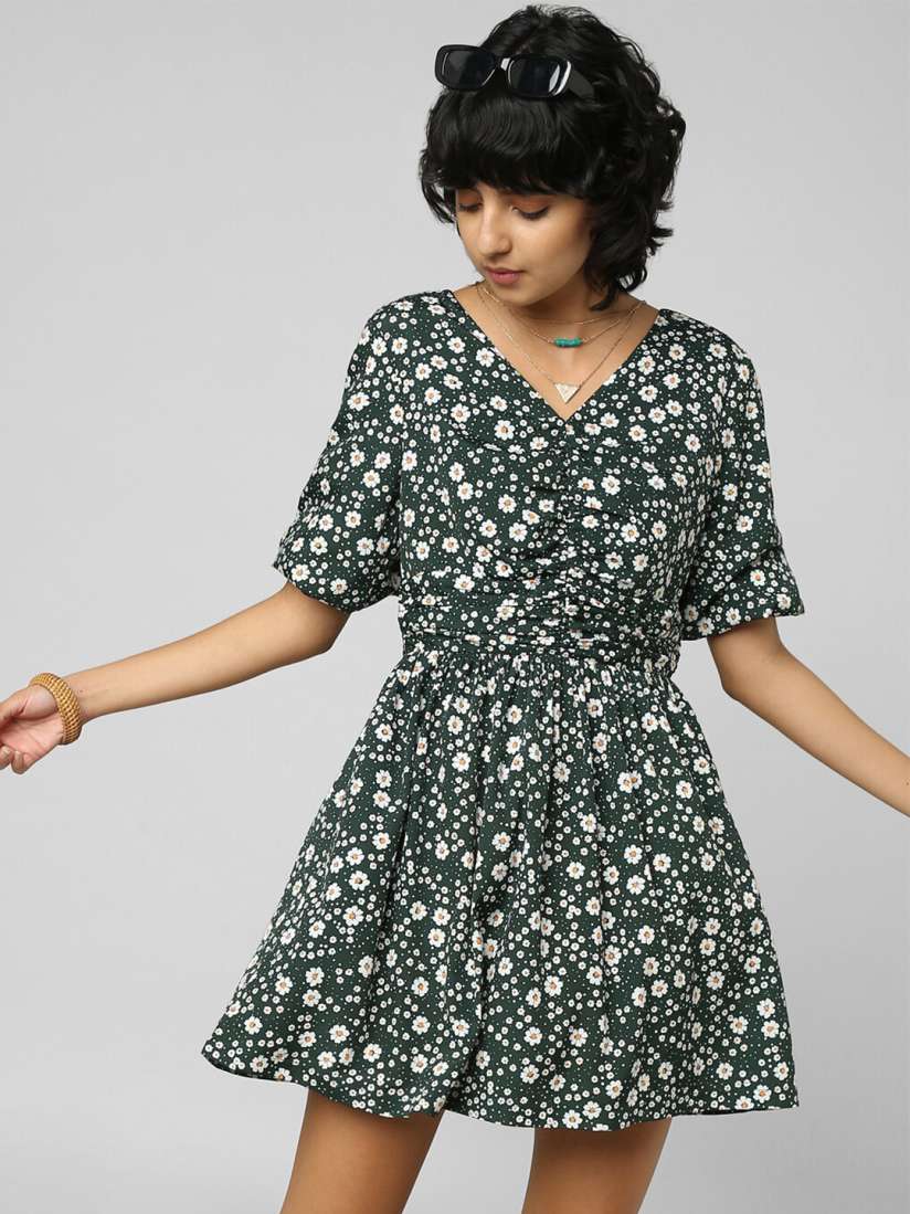 Buy ONLY Green White Floral Print Mini V Neck Dress Dresses for Women 20896860 Myntra