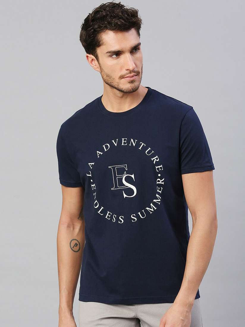 Buy Dennis Lingo Men Navy Blue Typography Printed Pure Cotton T