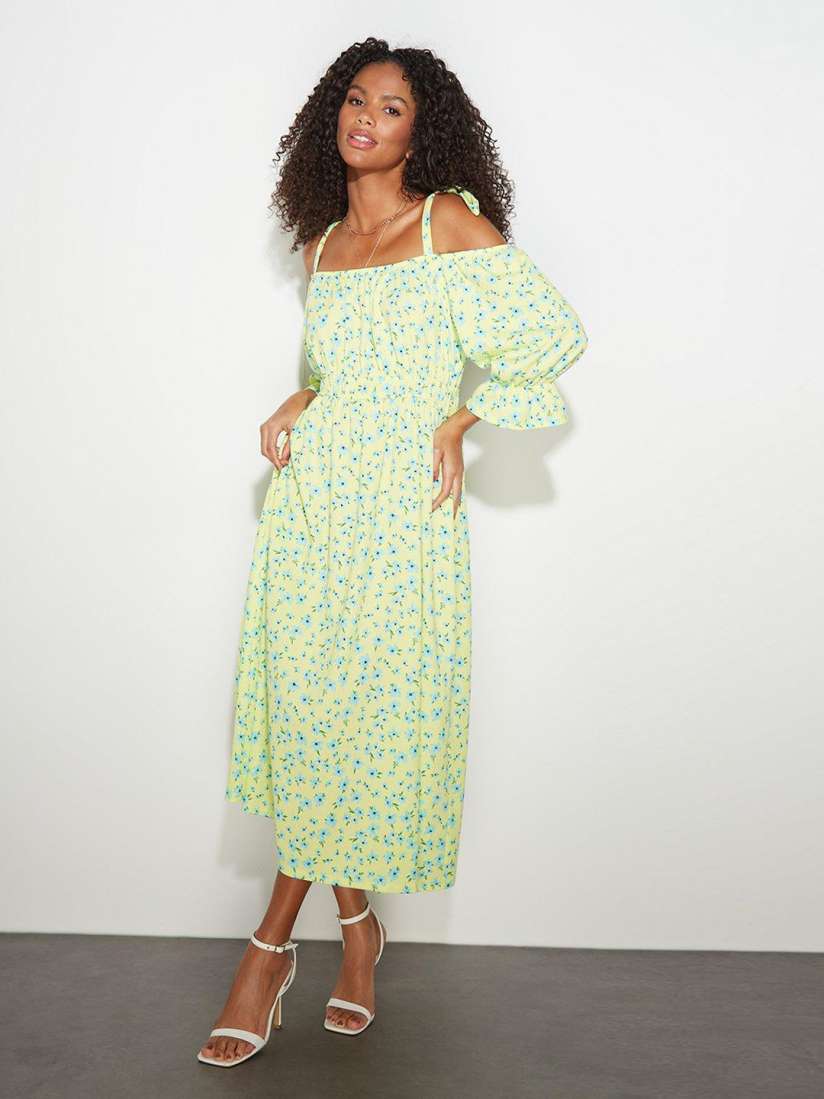 Buy DOROTHY PERKINS Yellow Blue Floral Print Bardot Midi Dress Dresses for Women 20915518 Myntra