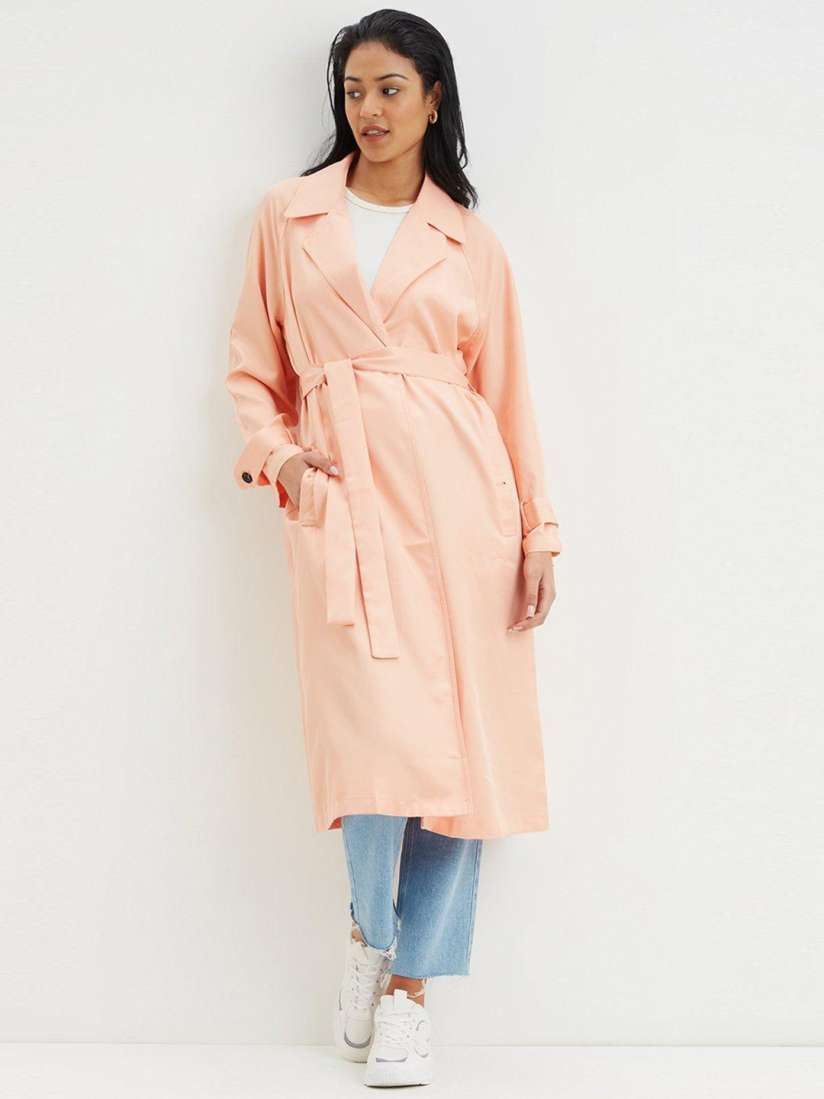 Buy DOROTHY PERKINS Women Peach Coloured Solid Cotton Longline Trench Coat Comes With Belt Coats for Women 20915574 Myntra