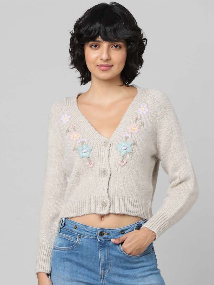 Buy ONLY Women Beige Blue Floral Embroidered Onlellie Crop