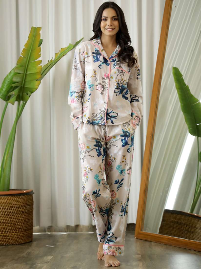 Buy SANSKRUTIHOMES Women Beige Blue Printed Pure Cotton Night suit Night suits for Women 20949190 Myntra