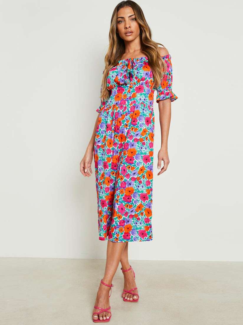 Floral Cut Out Shoulder Jumpsuit Boohoo Blue Pink Off-Shoulder Floral ...