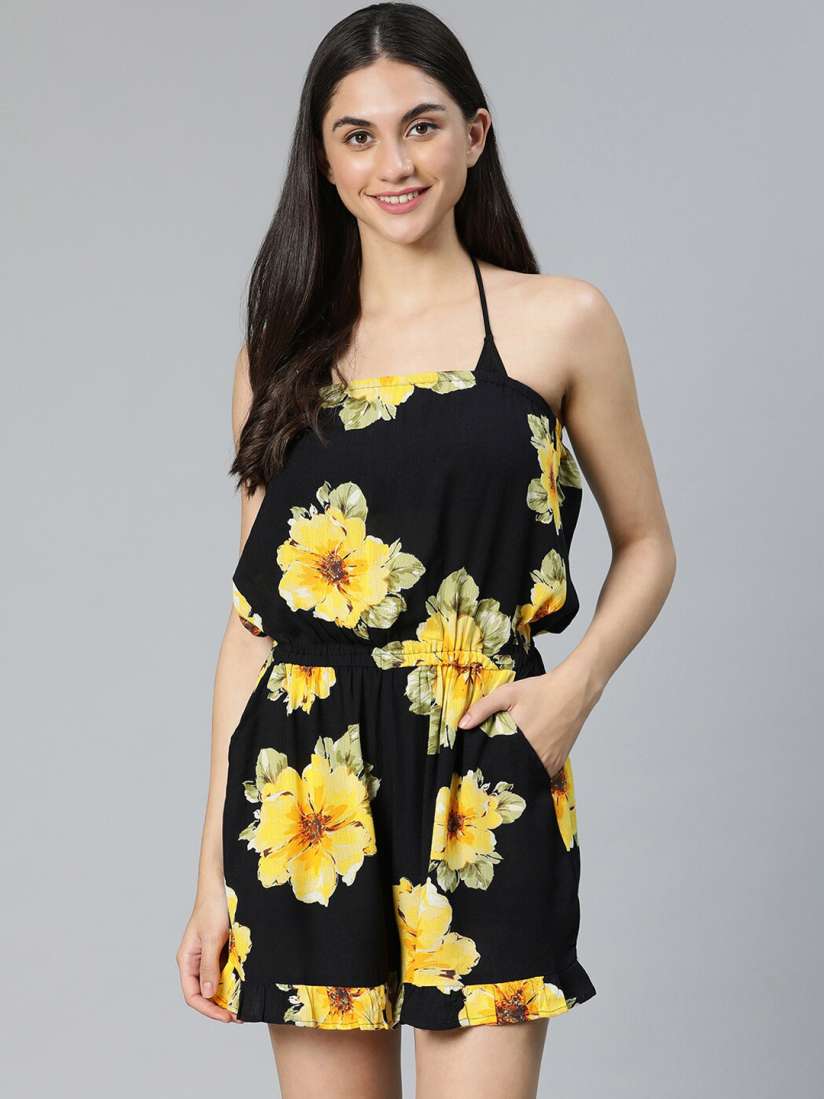 Black jumpsuit quicky with yellow flowers