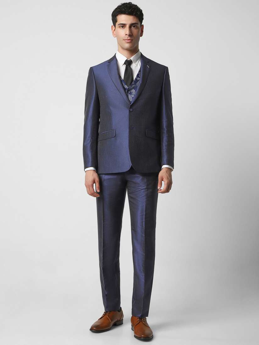 Buy Van Heusen Men Navy Blue Self Design Slim Fit Single Breasted Three Piece Suits Suits for Men 20974354 Myntra