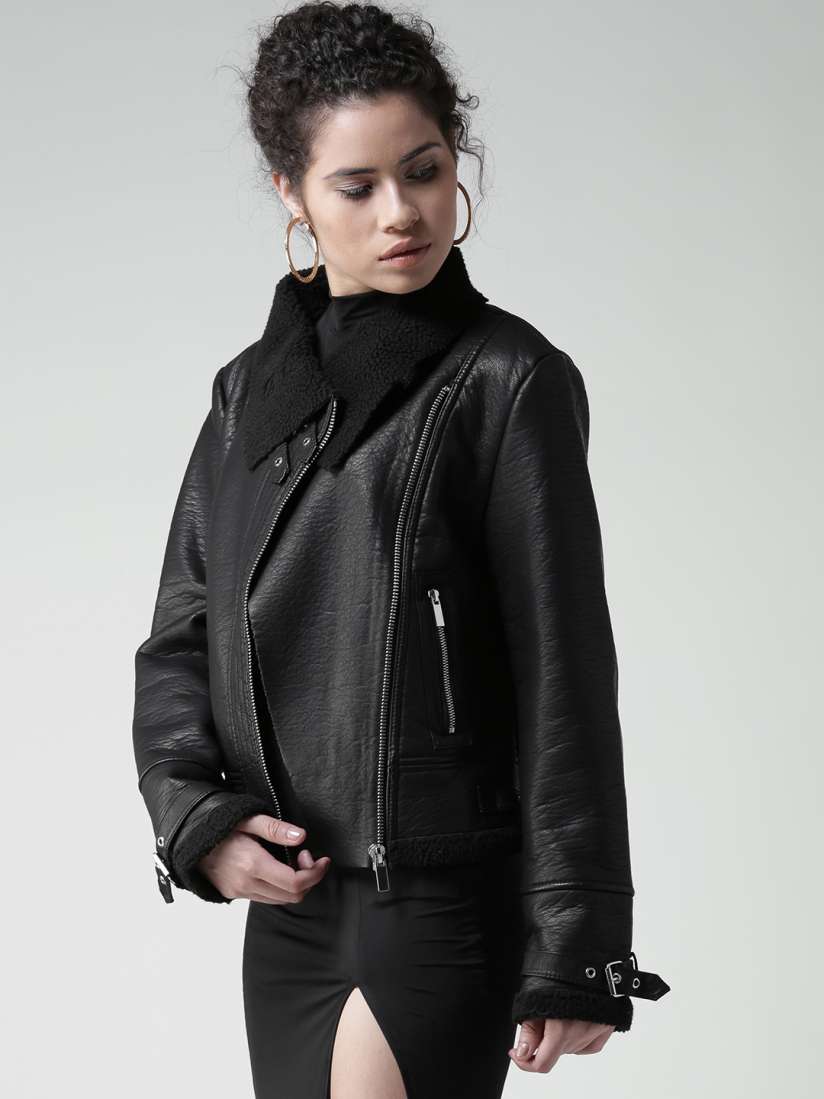Buy FOREVER 21 Women Black Solid Asymmetric Closure Biker Jacket Jackets for Women 2098023 Myntra