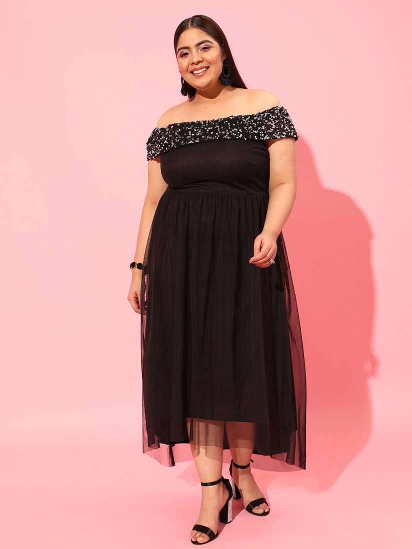 Buy CURVY STREET Black Plus Size Off Shoulder Net Maxi Dress Dresses for Women 20980290 Myntra