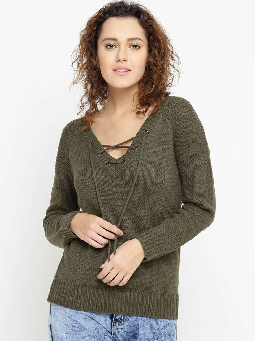 Buy FOREVER 21 Women Olive Green Solid Sweater Sweaters for Women 2098499 Myntra