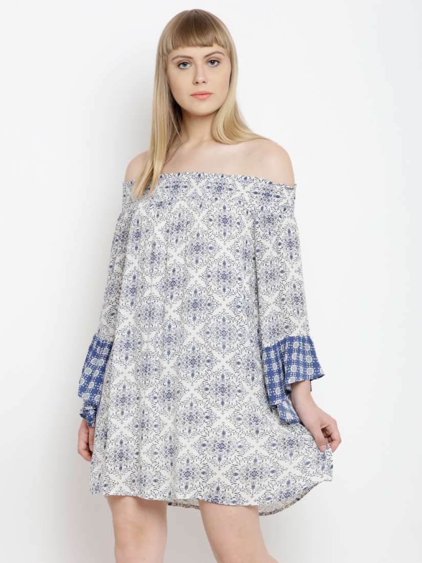 Buy FOREVER 21 Women Off White Blue Printed Off Shoulder A Line Dress Dresses for Women 2098551 Myntra