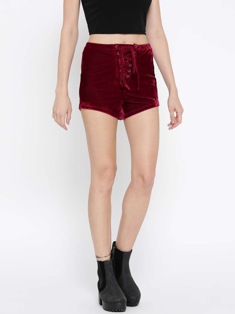 Buy FOREVER 21 Women Maroon Solid Velvet Finish Casual Shorts Shorts for Women 2100128 Myntra