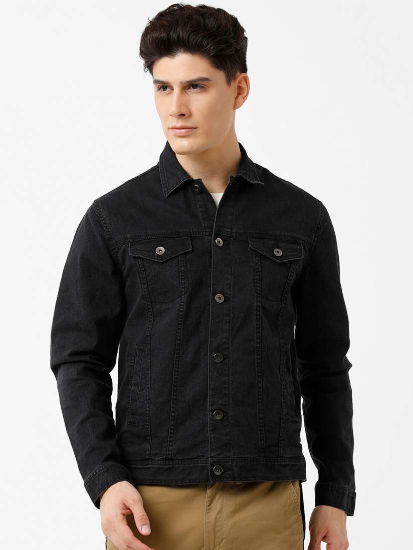 Black denim jacket mens myntra hot sale