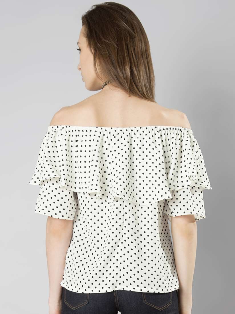 Buy FabAlley Women White Polka Dot Print Ruffle Bardot Top Tops for Women 2106611 Myntra