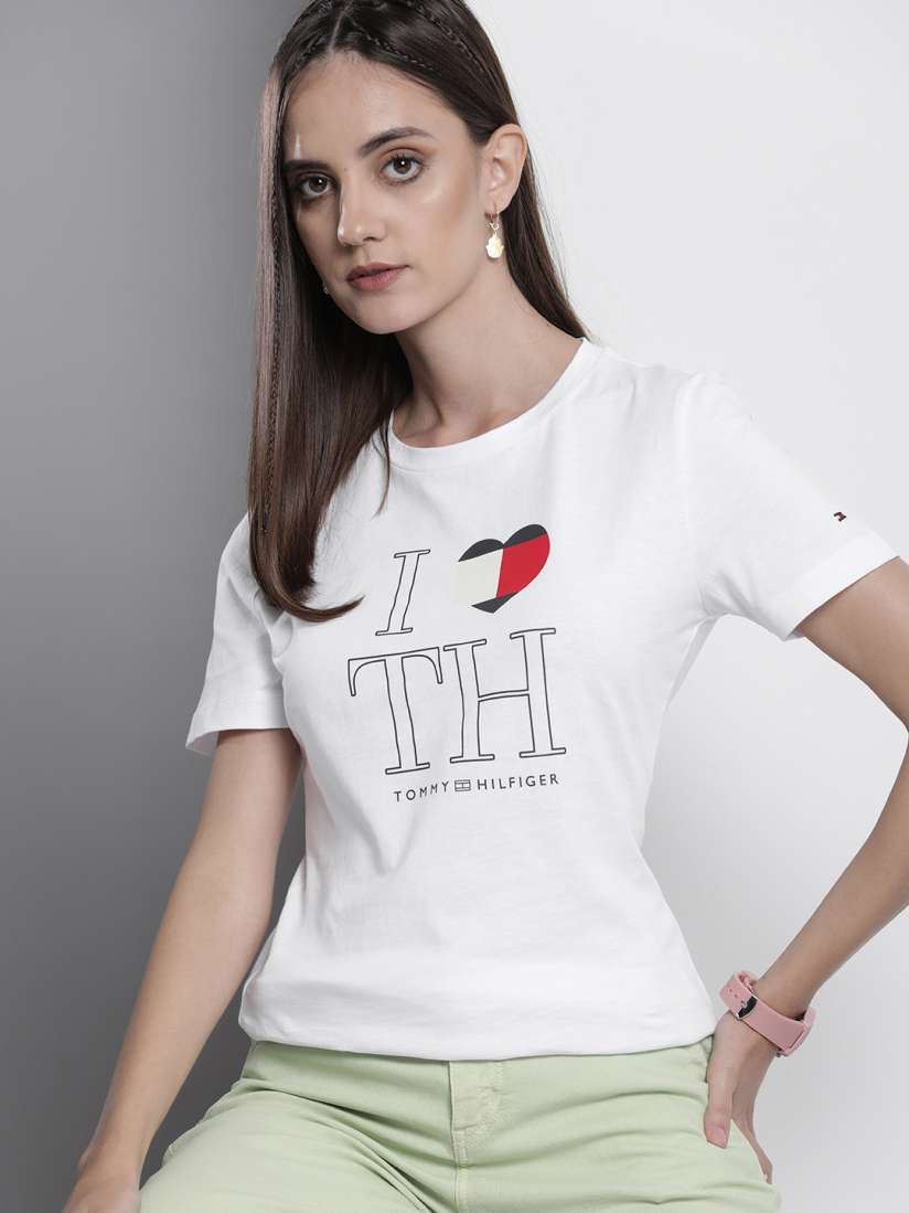 Buy Tommy Hilfiger Women Brand Logo Printed Sustainable Pure Cotton Slim Fit T shirt Tshirts for Women 21088160 Myntra
