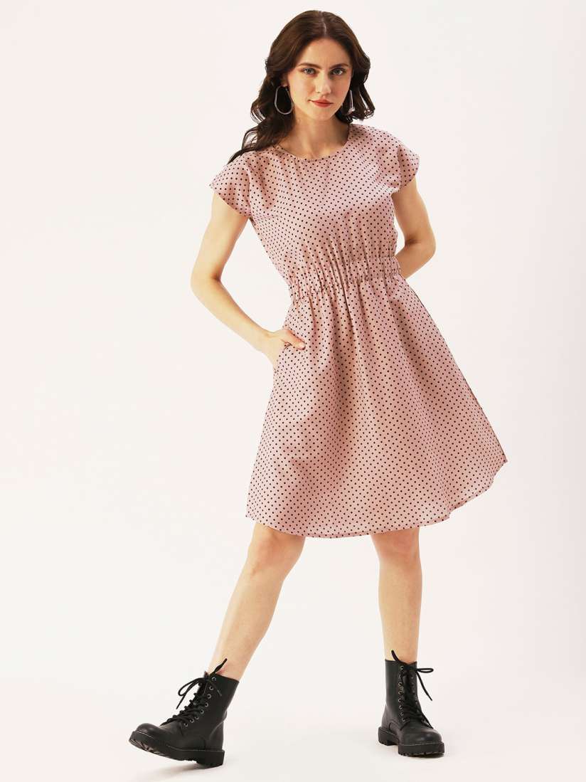 Buy DressBerry Peach Coloured Polka Dots Printed Flared Short Dress Dresses for Women 21088644 Myntra