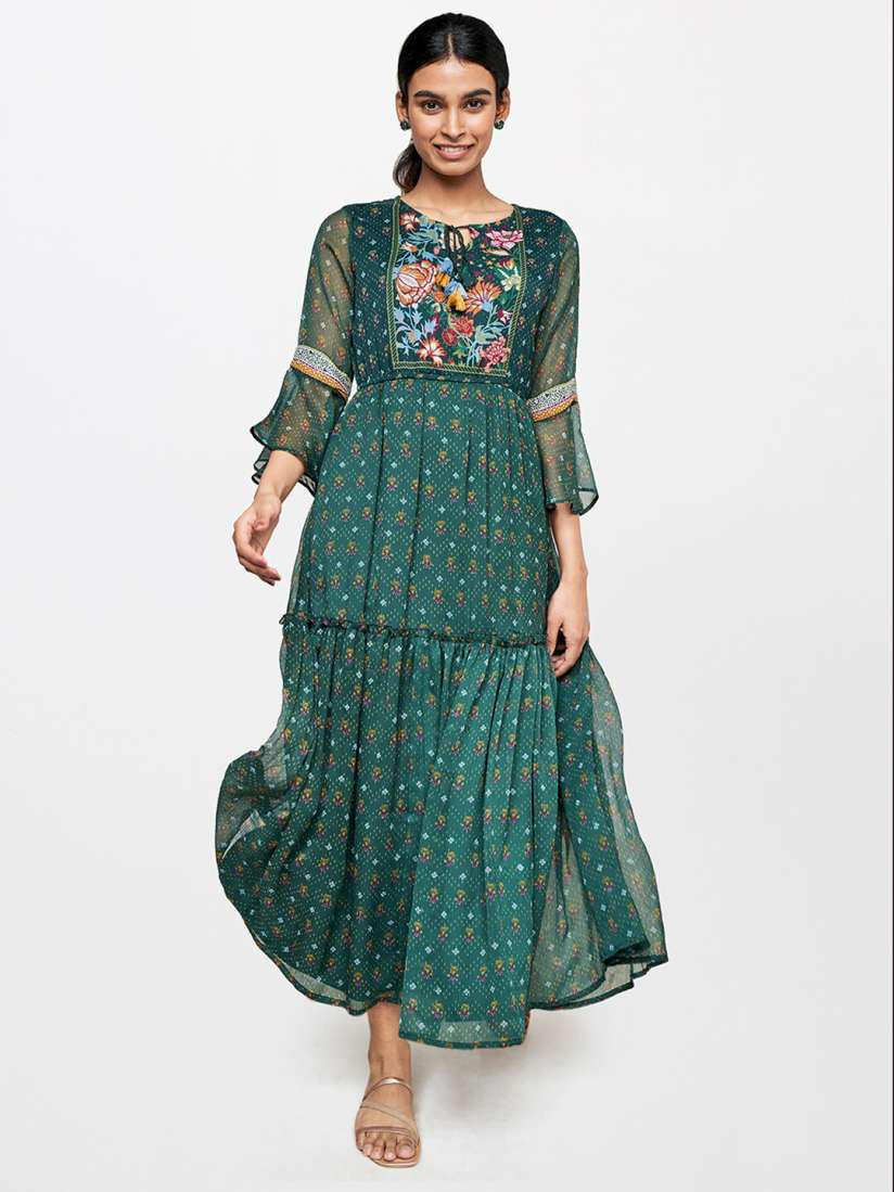 Buy Global Desi Floral Printed Tie Up Neck Midi Fit Flare Dress Dresses for Women 21103212 Myntra