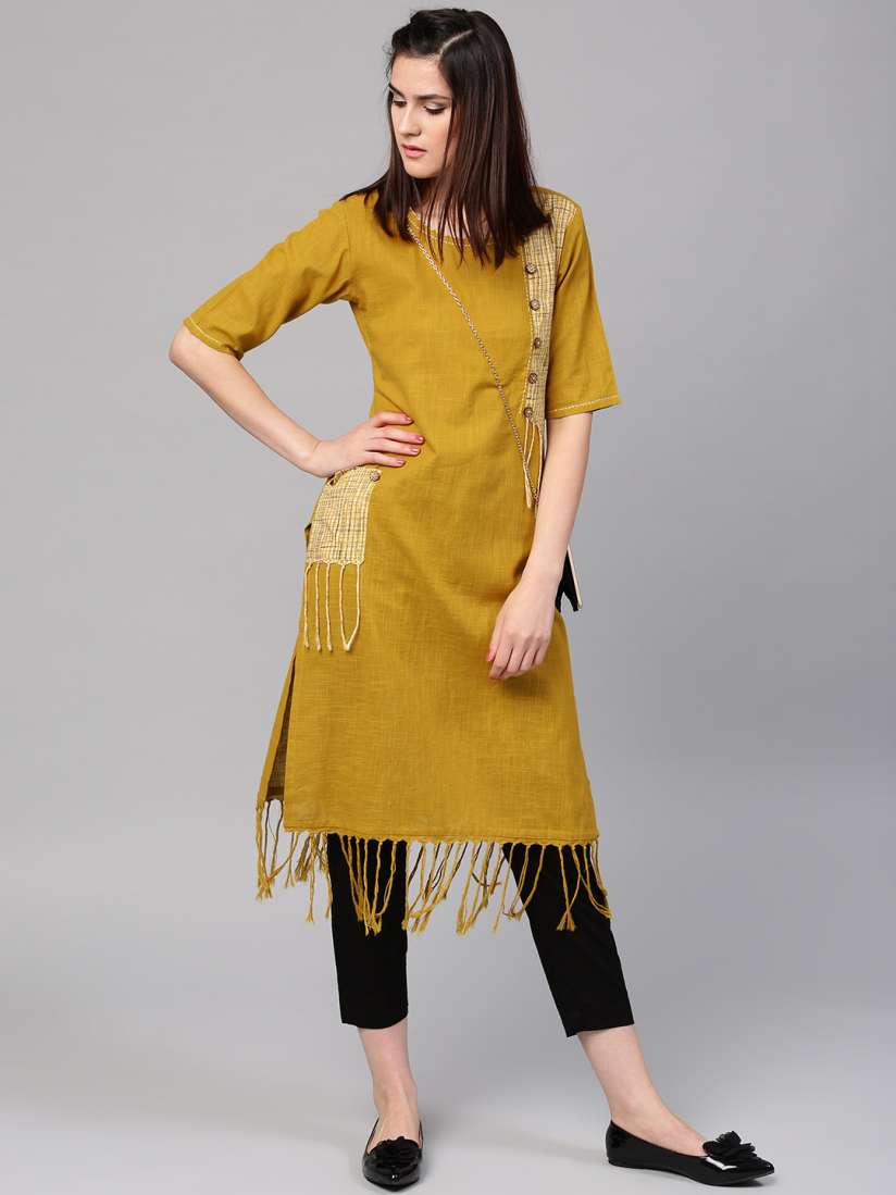 Aks women mustard solid straight kurta deals