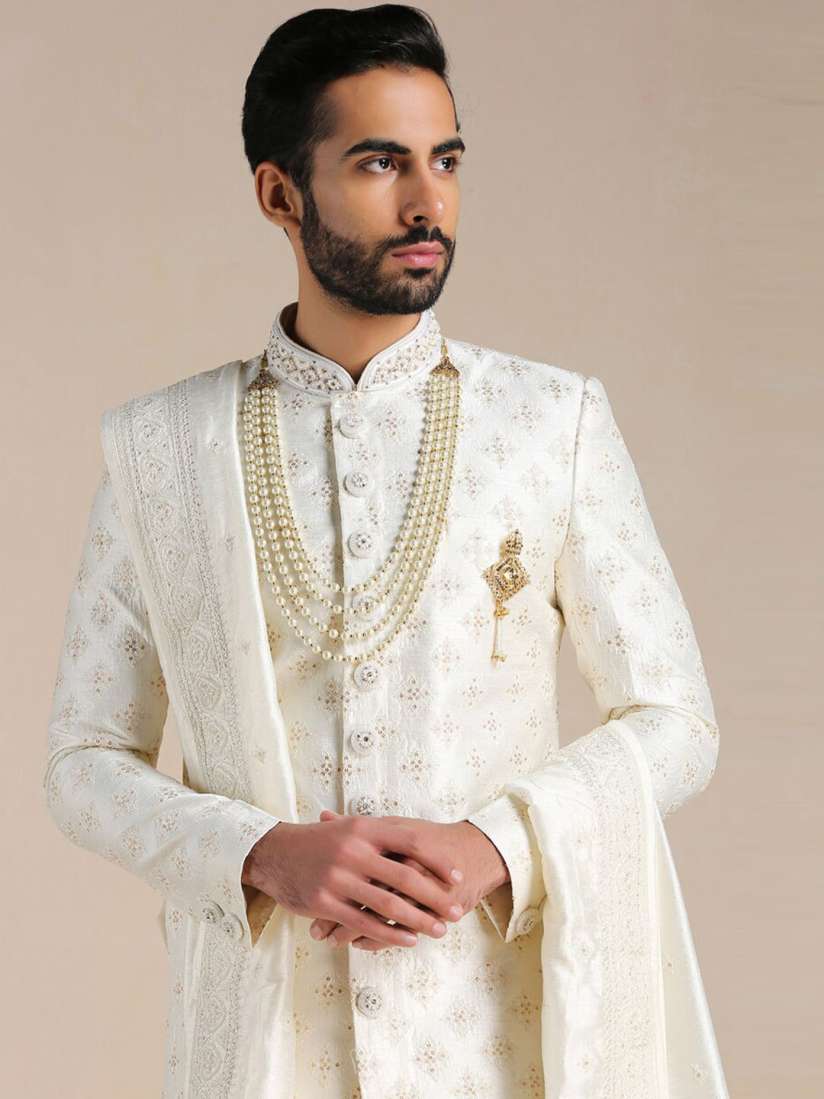 Buy Manyavar Men Self Design Art Silk Full Sleeves Sherwani Set Sherwani for Men 21166244 Myntra